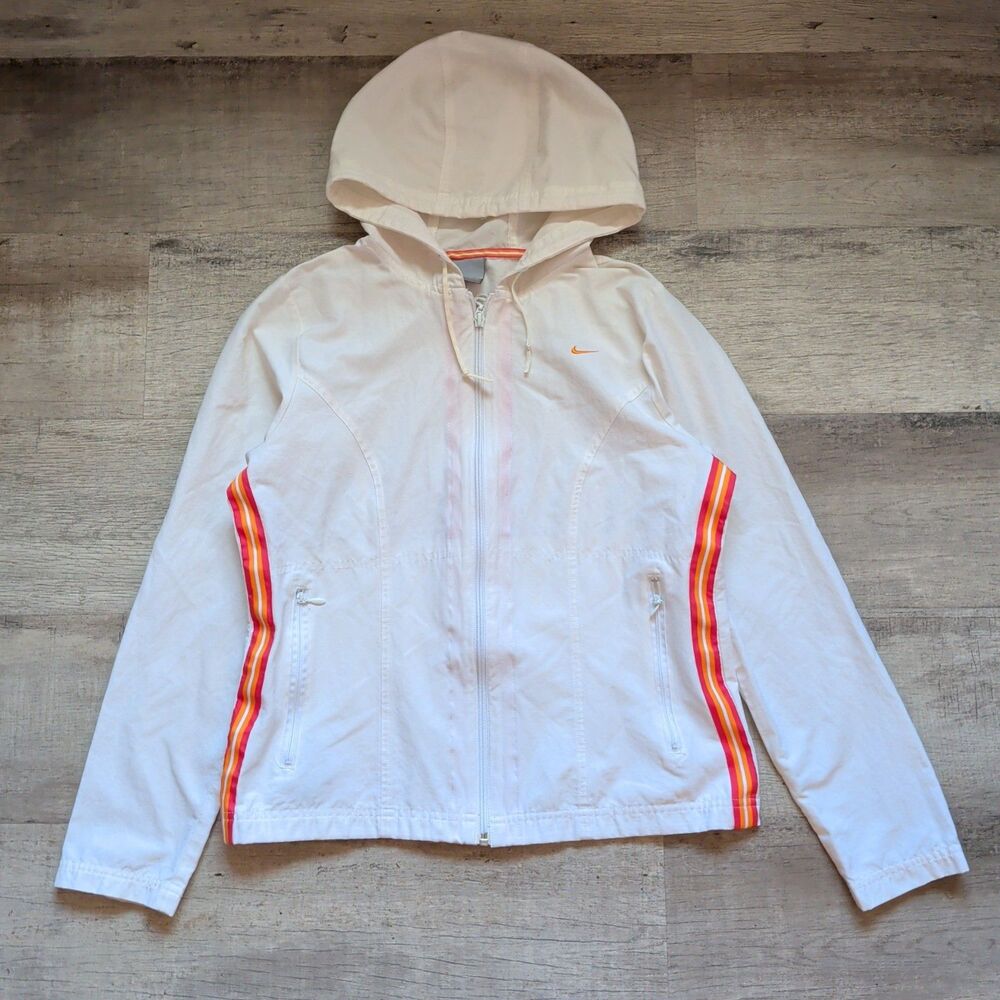 Vintage NIKE Y2K Hooded Windbreaker Track Striped Orange White Zip Front M EUC!